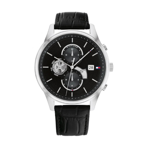 Tommy Hilfiger Weston Black Leather Strap Black Dial Chronograph Quartz Watch for Gents - 1710502