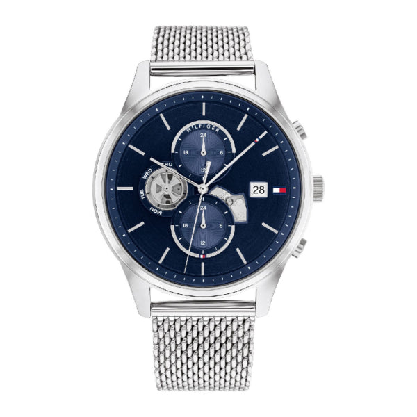 Tommy Hilfiger Weston Silver Mesh Bracelet Blue Dial Chronograph Quartz Watch for Gents - 1710504