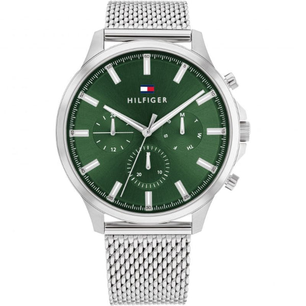 Tommy Hilfiger Ryder Silver Mesh Bracelet Green Dial Chronograph Quartz Watch for Gents - 1710499