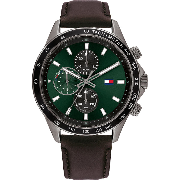 Tommy Hilfiger Miles Brown Leather Strap Green Dial Chronograph Quartz Watch for Gents - 1792017