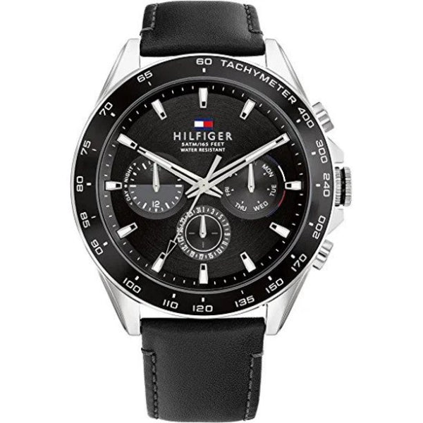 Tommy Hilfiger Owen Black Leather Strap Black Dial Chronograph Quartz Watch for Gents - 1791964