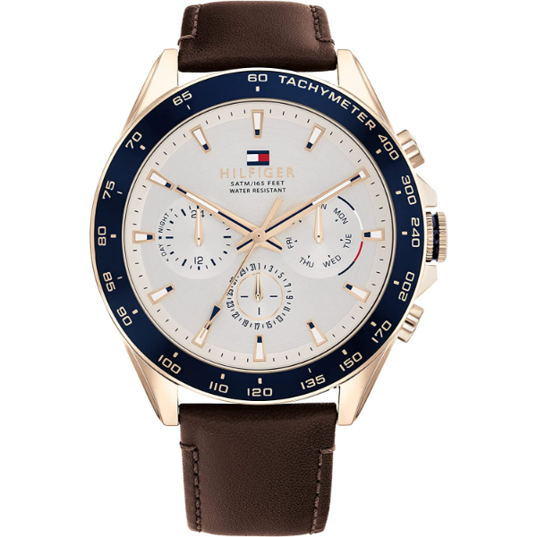 Tommy Hilfiger Owen Brown Leather Strap Silver Dial Chronograph Quartz Watch for Gents - 1791966