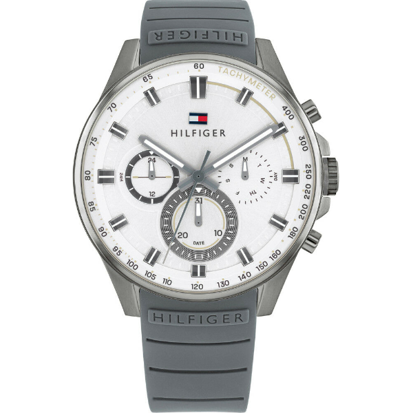Tommy Hilfiger Max Grey Silicone Strap Strap White Dial Chronograph Quartz Watch for Gents - 1791972