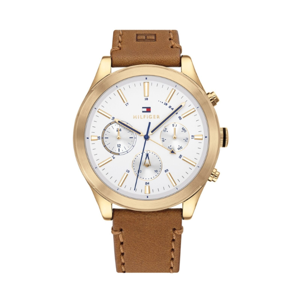 Tommy Hilfiger Ashton Brown Leather Strap Silver Dial Chronograph Quartz Watch for Gents - 1791742