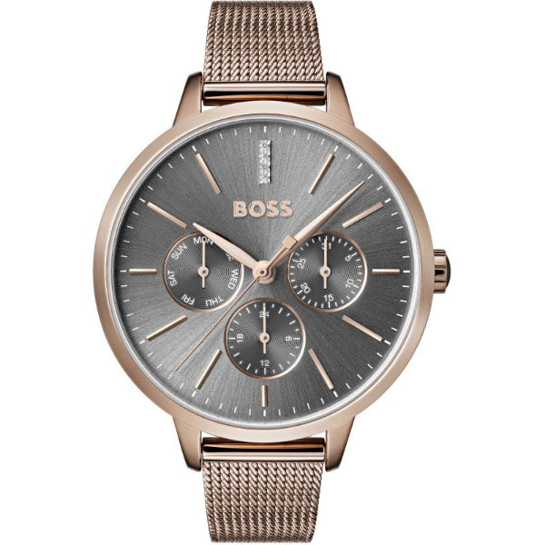 HUGO BOSS Symphony Gold Mesh Bracelet Grey Dial Quartz Watch for Ladies - 1502424