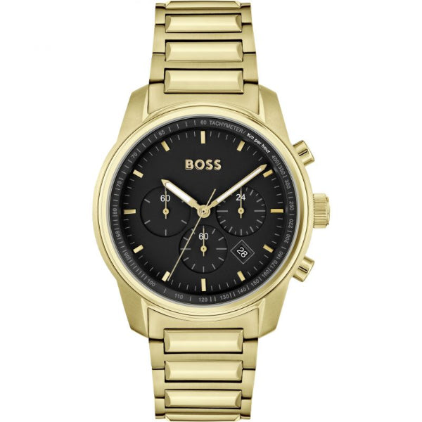 HUGO BOSS Trace Gold Stainless Steel Black Dial Chronograph Quartz Watch for Gents - 1514006