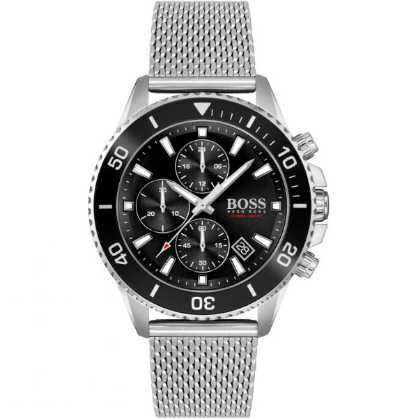 HUGO BOSS Admiral Silver Mesh Bracelet Black Dial Chronograph Quartz Watch for Gents - 1513904