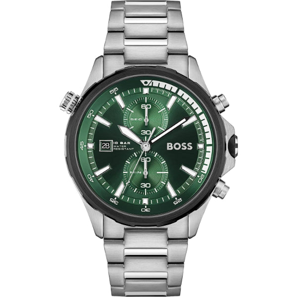 HUGO BOSS Globetrotter Silver Stainless Steel Green Dial Chronograph Quartz Watch for Gents - 1513930