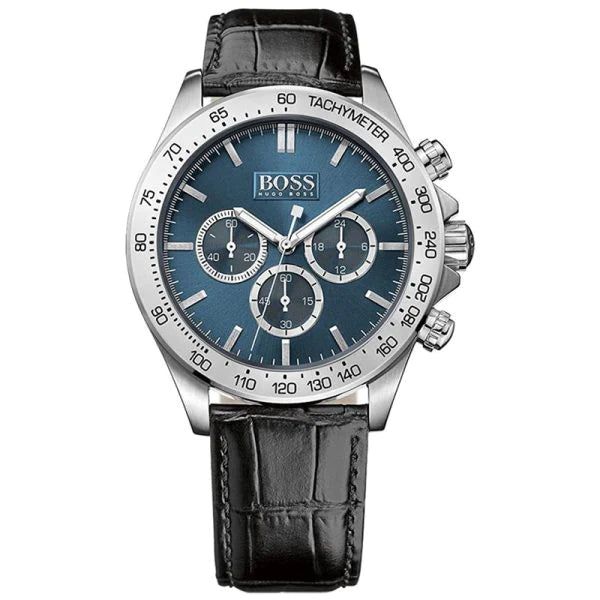 HUGO BOSS Ikon Black Leather Strap Blue Dial Chronograph Quartz Watch for Gents - 1513176