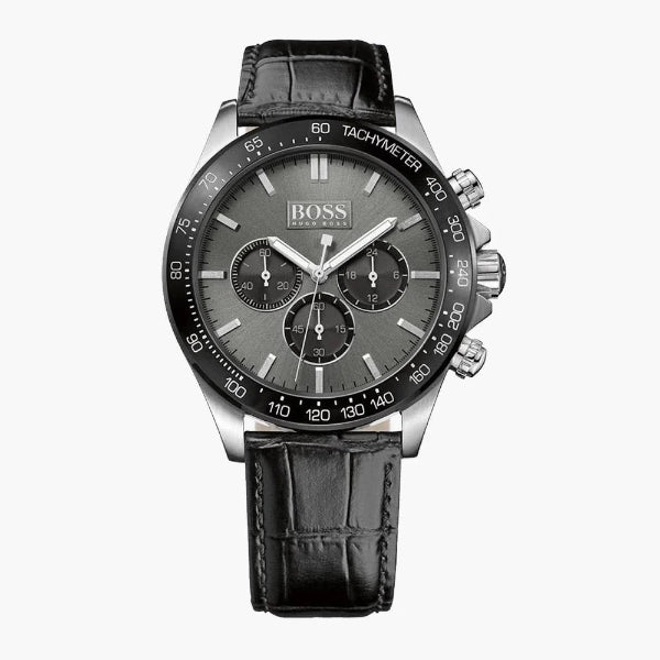 HUGO BOSS Ikon Black Leather Strap Black Dial Chronograph Quartz Watch for Gents - 1513177