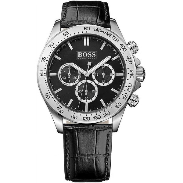 HUGO BOSS Ikon Black Leather Strap Black Dial Chronograph Quartz Watch for Gents - 1513178