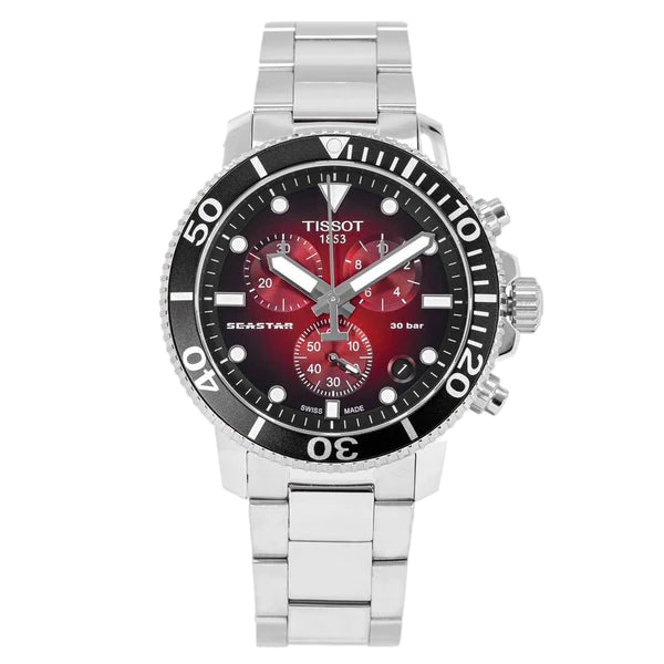 Tissot Seastar 1000 Silver Stainless Steel Red Dial Chronograph Quartz Watch for Men's - T.120.417.11.421.00