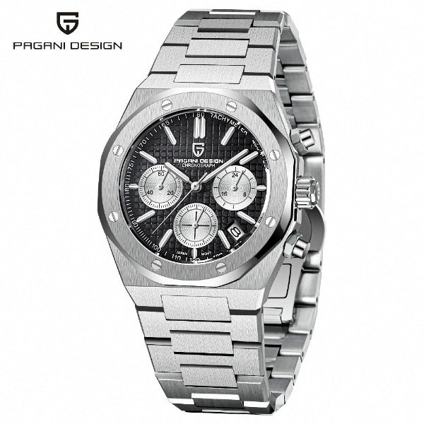 Pagani Design Silver Stainless Steel Black Dial Quartz Watch for Gents - PD1707