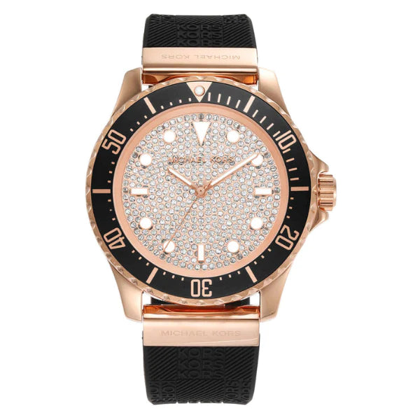 Michael Kors Slim Everest Black Silicone Strap Rose Gold Dial Quartz Watch for Ladies - MK7358