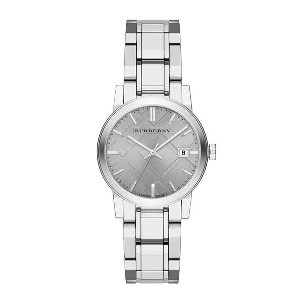 A Front view of Burberry City Grey Stainless Steel Grey Dial Quartz Watch for Ladies 
