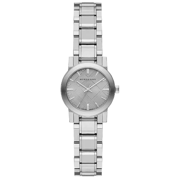 A front side view of the Burberry City Silver Stainless Steel Silver Dial Quartz Watch for Ladies with white background 