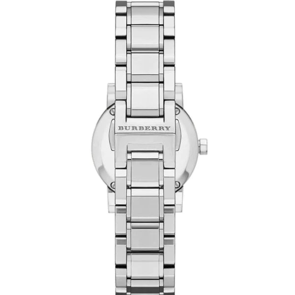 Closeup backside view of the Burberry City ladies' quartz watch with silver stainless steel and silver dial.