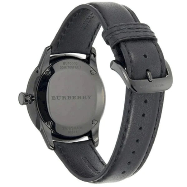 Close-up rear view of the Burberry Classic black leather strap quartz watch for men with white background