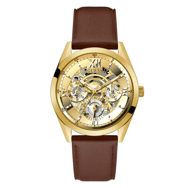 Guess Brown Leather Strap Gold Dial Quartz Watch for Gents - GW0389G5