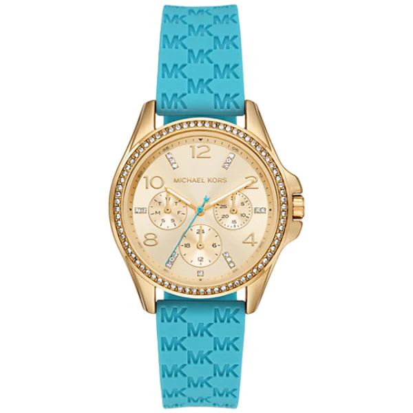 Michael Kors Pilot Blue Silicone Strap Gold Dial Quartz Watch for Ladies - MK7374