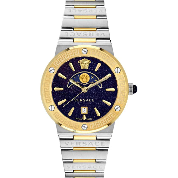 Versace Greca Logo Moonphase Two-tone Stainless Steel Blue Dial Quartz Watch for Gents - VE7g00223