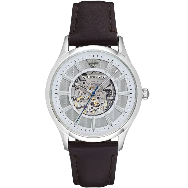 Emporio Armani Meccanico Brown Leather Strap Skeleton Dial Automatic Watch for Gents - AR1946