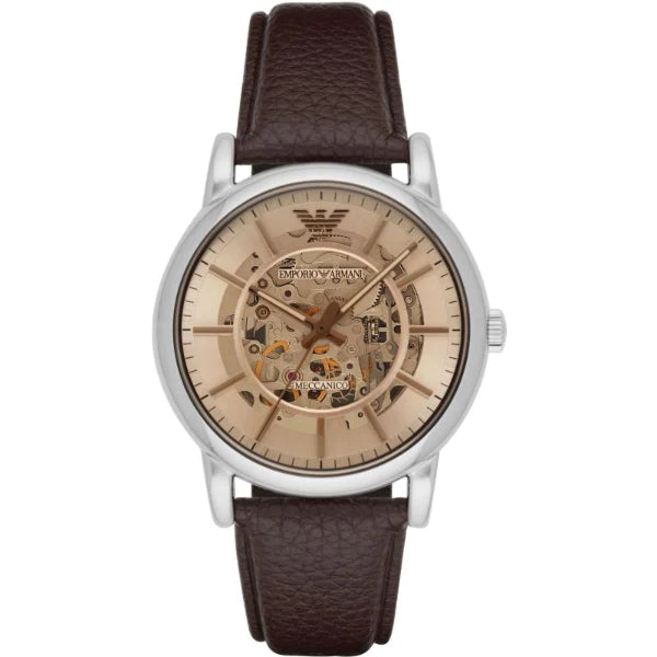 Emporio Armani Meccanico Brown Leather Strap Skeleton Dial Automatic Watch for Gents - AR1982