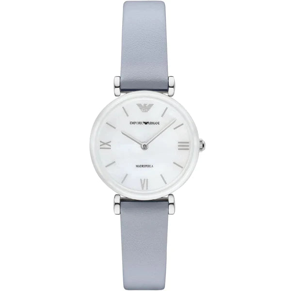 Emporio Armani Retro Grey Leather Strap Mother Of Pearl Dial Quartz Watch for Ladies - AR11039