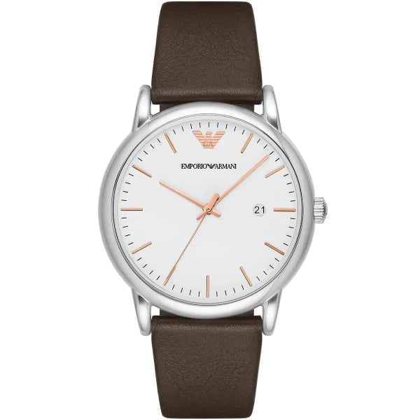 Emporio Armani Herren Brown Leather Strap White Dial Quartz Watch for Gents - AR11103