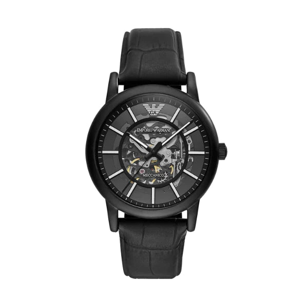 Emporio Armani Meccanico Black Leather Strap Skeleton Dial Automatic Watch for Gents - AR60008