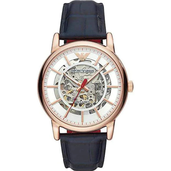 Emporio Armani Meccanico Blue Leather Strap Skeleton Dial Automatic Watch for Gents - AR60009