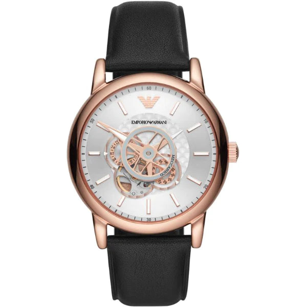 Emporio Armani Meccanico Black Leather Strap Silver Dial Automatic Watch for Gents - AR60013