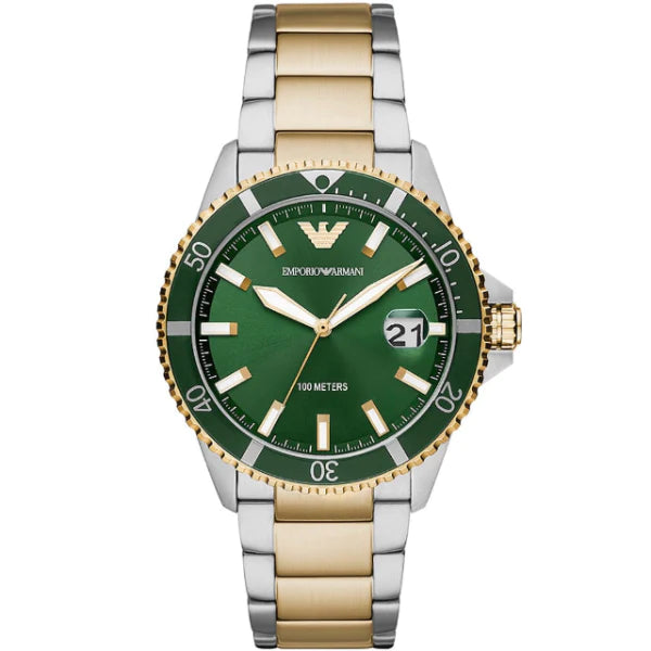 Emporio Armani Diver Two-tone Stainless Steel Green Dial Quartz Watch for Gents - AR80063
