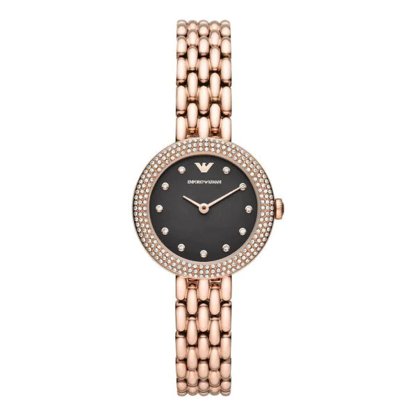 Emporio Armani Rose Gold Leather Strap Black Dial Quartz Watch for Ladies - AR11372