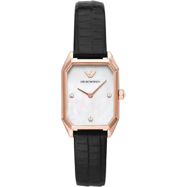 Emporio Armani Gioia Black Leather Strap Mother Of Pearl Dial Quartz Watch for Ladies - AR11390