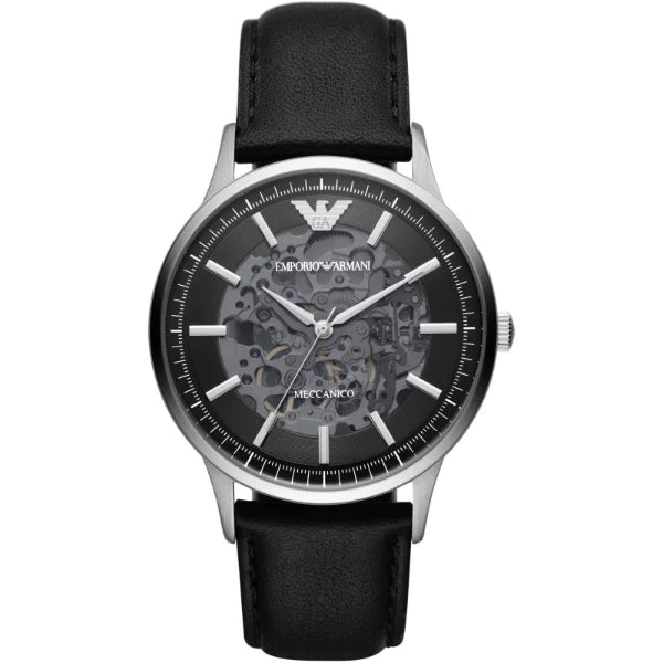 Emporio Armani Meccanico Black Leather Strap Skeleton Dial Automatic Watch for Gents - AR60038