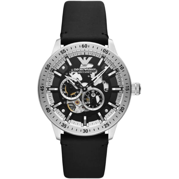 Emporio Armani Meccanico Black Leather Strap Skeleton Dial Automatic Watch for Gents - AR60051