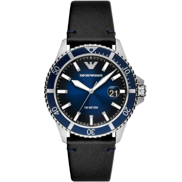 Emporio Armani Diver Black Leather Strap Blue Dial Quartz Watch for Gents - AR11516