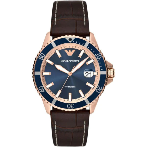 Emporio Armani Diver Brown Leather Strap Blue Dial Quartz Watch for Gents - AR11556