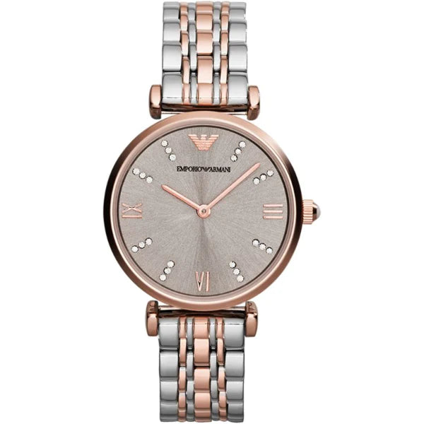 Emporio Armani Gianni T-Bar Two-tone Stainless Steel Gery Dial Quartz Watch for Ladies - AR1840