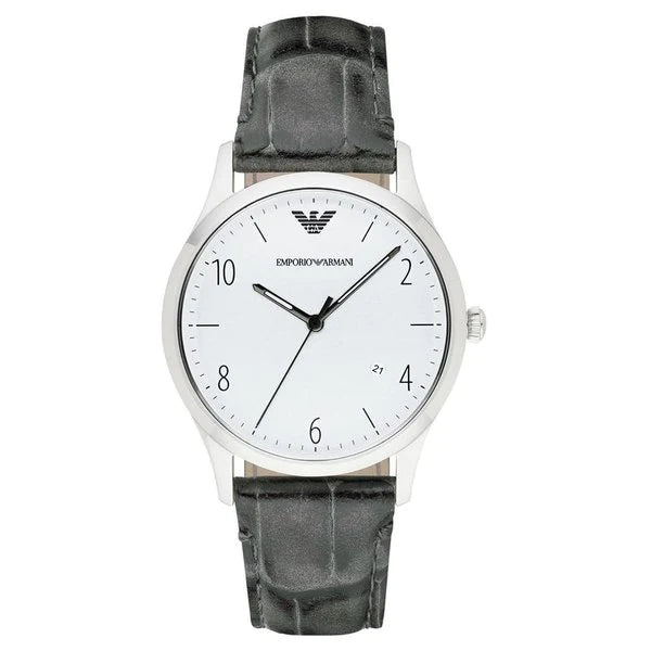 Emporio Armani Classic Black Leather Strap Silver Dial Quartz Watch for Gents - AR1880