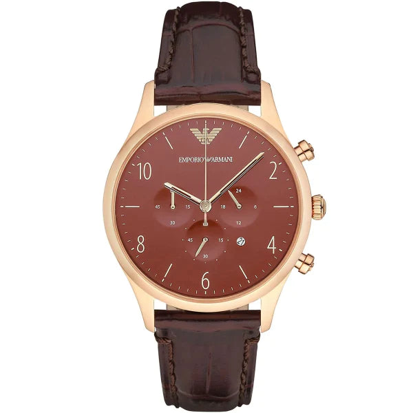 Emporio Armani Classic Brown Leather Strap Red Dial Chronograph Quartz Watch for Gents - AR1890