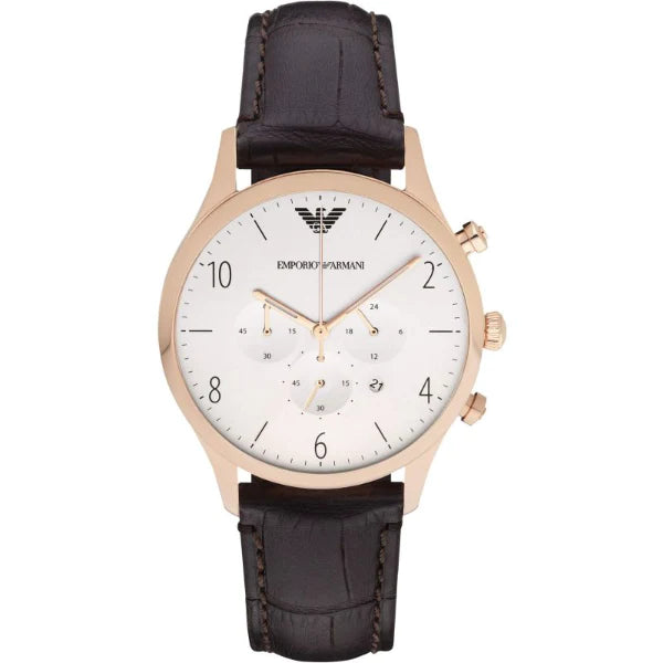 Emporio Armani Classic Brown Leather Strap White Dial Chronograph Quartz Watch for Gents - AR1916