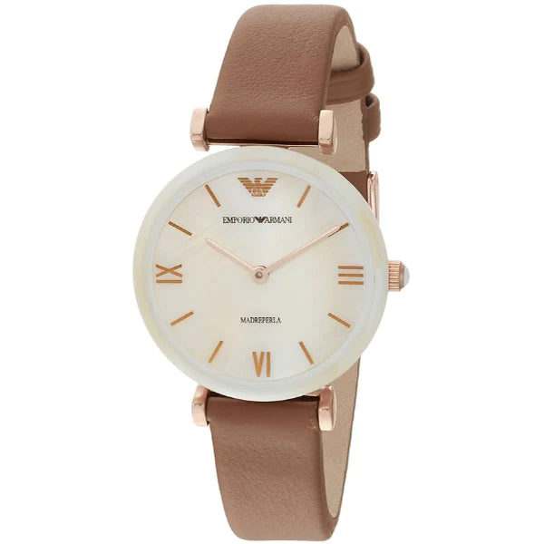 Emporio Armani Retro Brown Leather Strap Mother Of Pearl Dial Quartz Watch for Ladies - AR11040