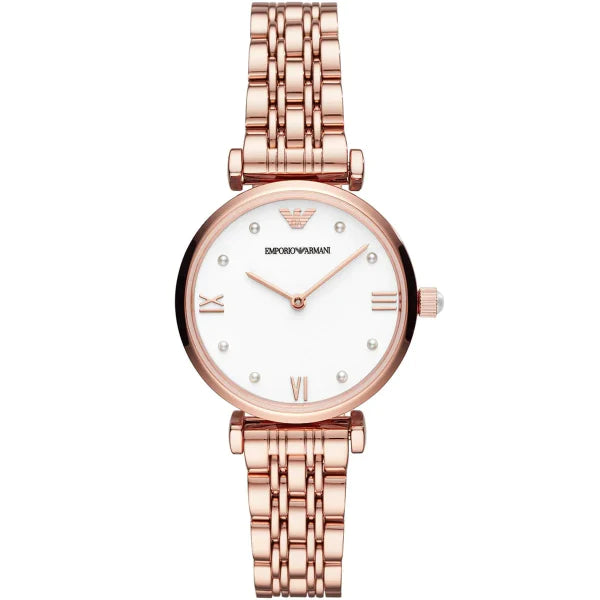 Emporio Armani Gianni T-Bar Rose Gold Stainless Steel White Dial Quartz Watch for Ladies - AR11267