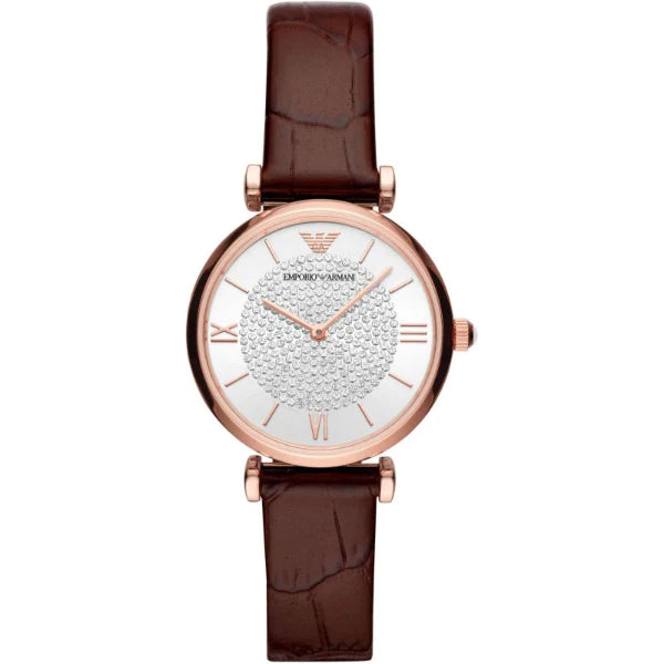Emporio Armani Gianni T-Bar Burgundy Leather Strap Silver Dial Quartz Watch for Ladies - AR11269
