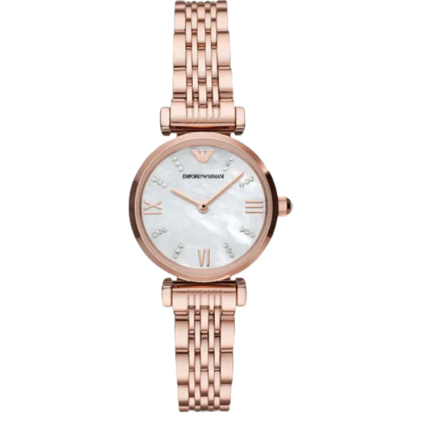 Emporio Armani Gianni T-Bar Rose Gold Stainless Steel Mother Of Pearl Dial Quartz Watch for Ladies - AR11316