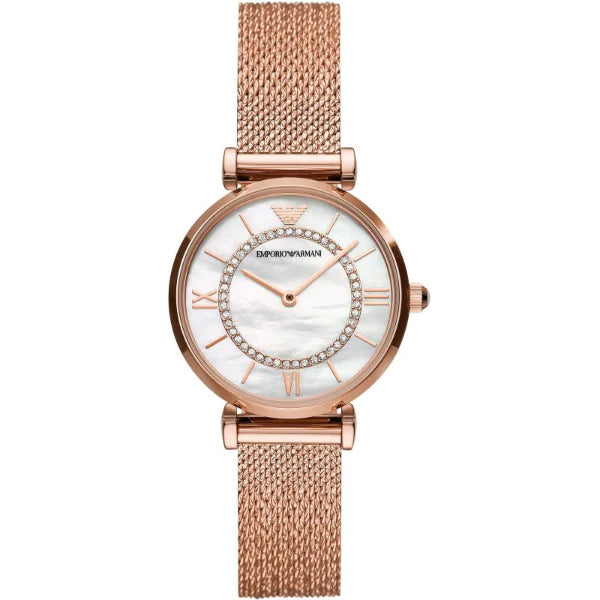 Emporio Armani Gianni T-Bar Rose Gold Mesh Bracelet Mother Of Pearl Dial Quartz Watch for Ladies - AR11320