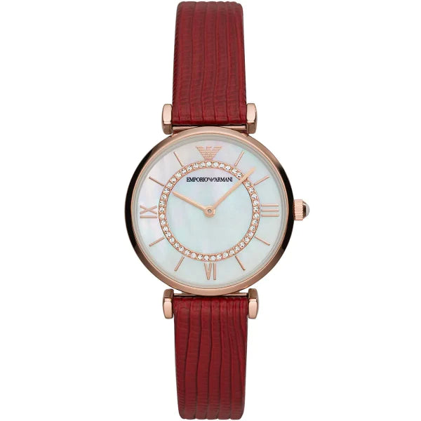 Emporio Armani Gianni T-Bar Red Leather Strap Mother Of Pearl Dial Quartz Watch for Ladies - AR11322