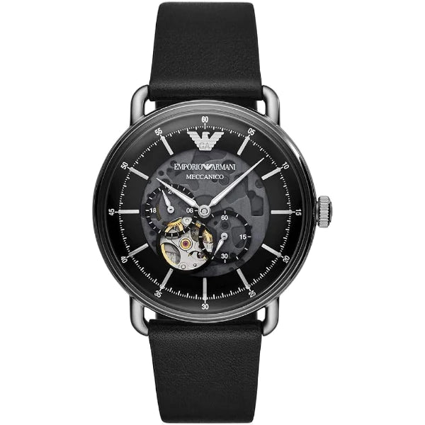 Emporio Armani Meccanico Black Leather Strap Black Dial Automatic Watch for Gents - AR60026